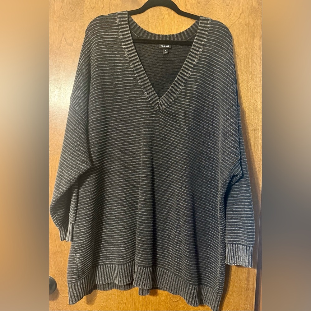 Torrid Oversized V-Neck Striped Knit Sweater - Black & Gray